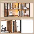 Hzuaneri 5-Tier Corner Bookshelf with LED Light, L-Shaped Bookcase with Metal Frame and Wooden Board, Industrial Bookcase with Display Shelf for Living Room Home Office, Rustic Brown