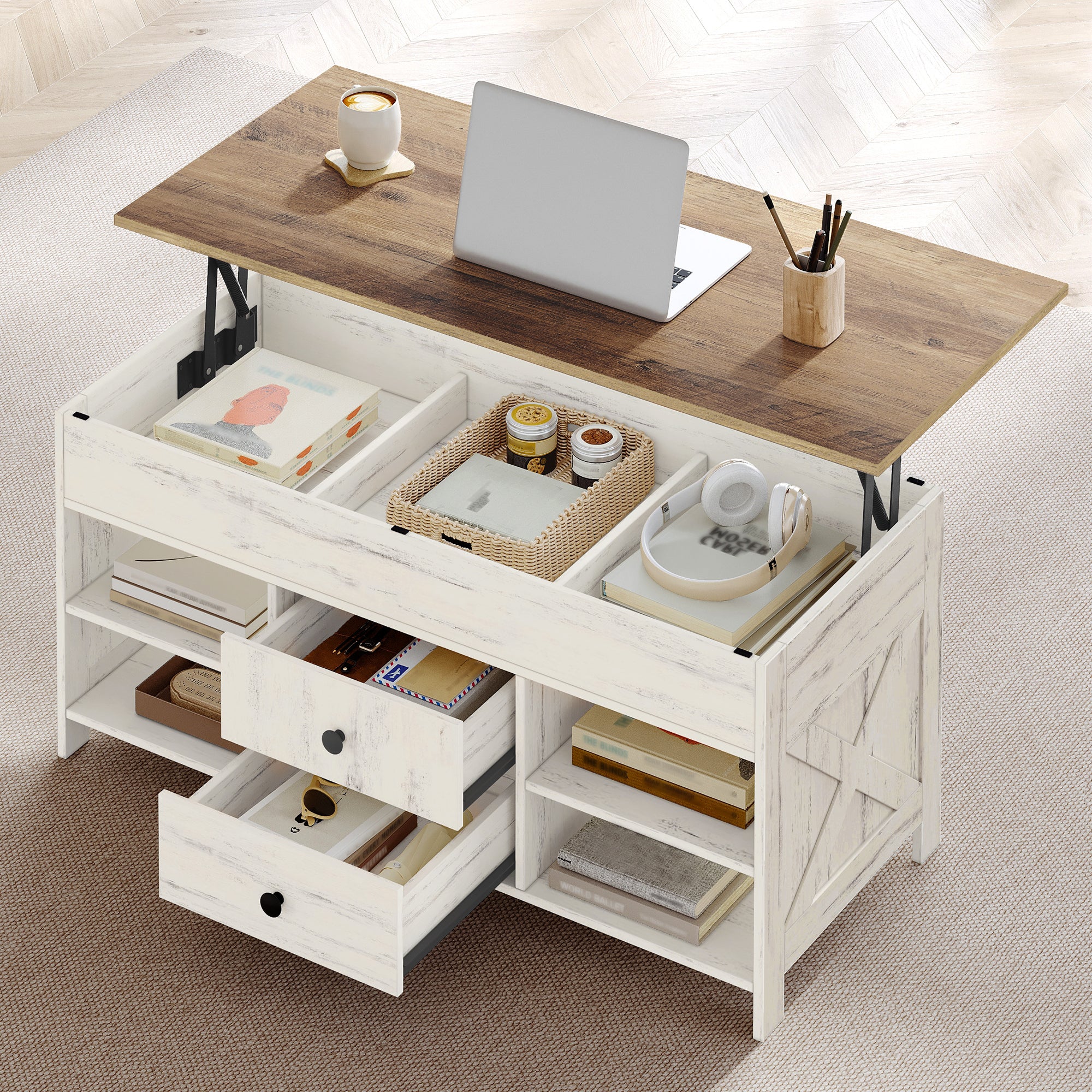Hzuaneri Coffee Table, Height-Adjustable Living Room Table, Sofa Table, 2 Drawers and Hidden Storage, 50 x 100 x 47.3-61.3 cm, for Living Room, Dining Room, Office, White-Brown CT22114B