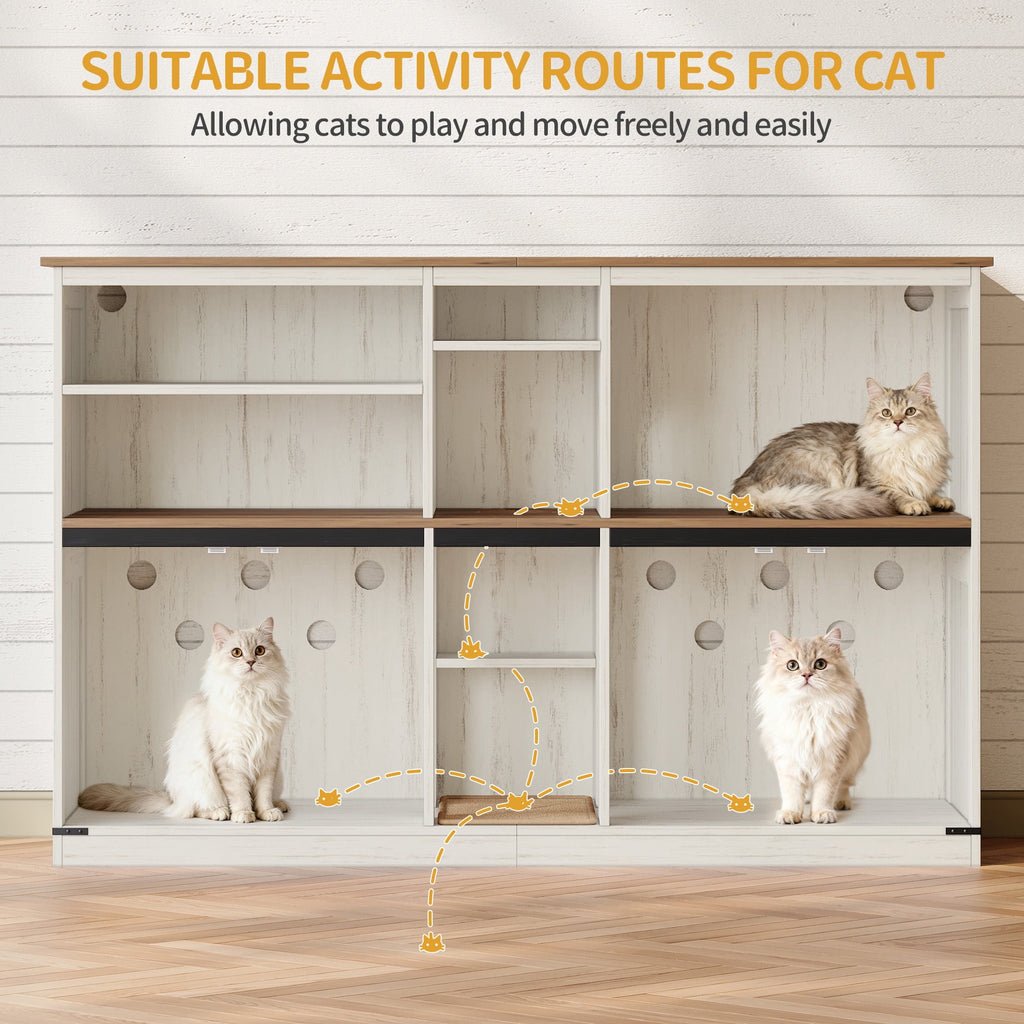 Double Cat Litter Box Enclosure with Storage, Hidden Cabinet for 2 Cats, Rustic Brown and White