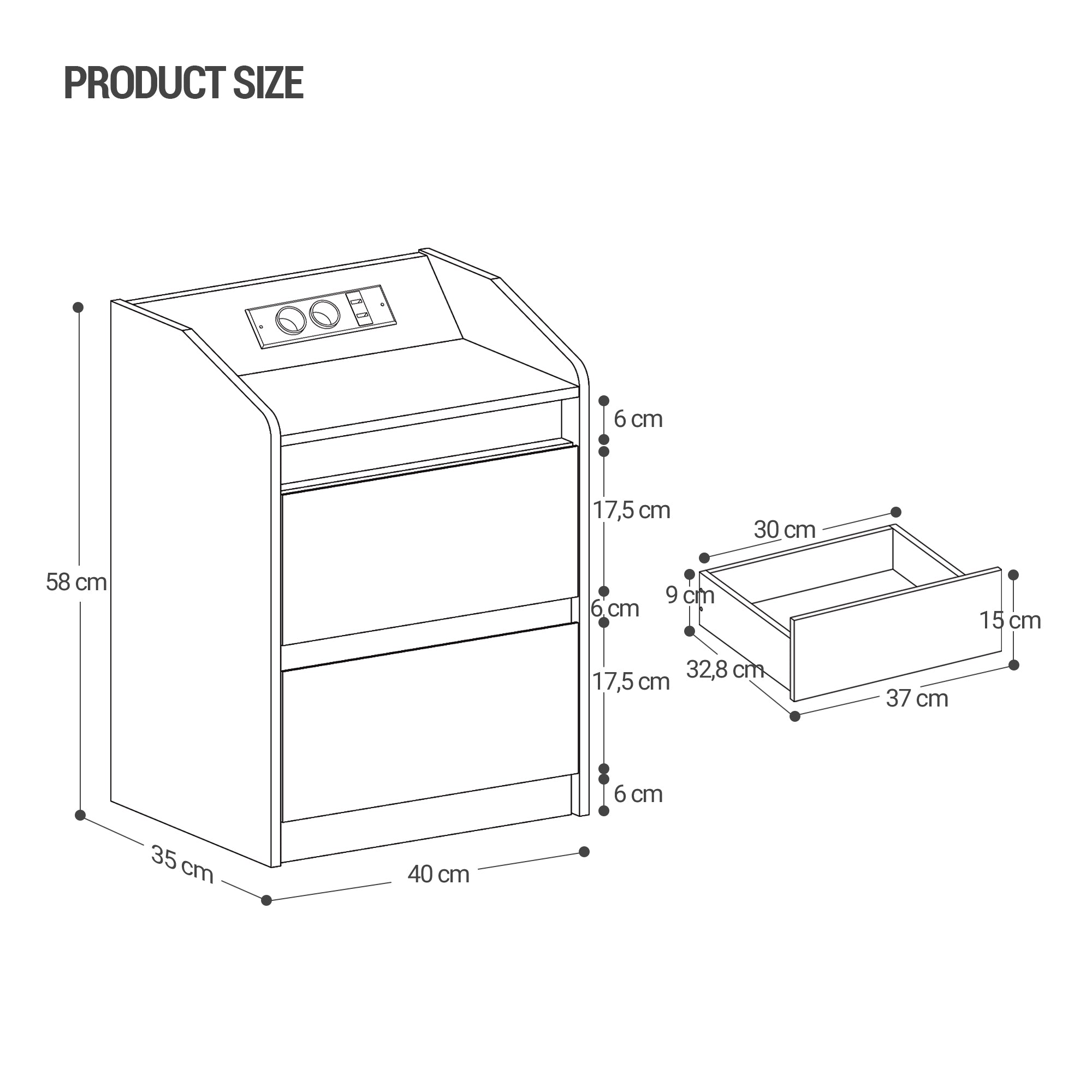 HEXCELEN Bedside Table with LED Lights & Charging Station, 2 Drawers, USB Ports and Power Outlets, White