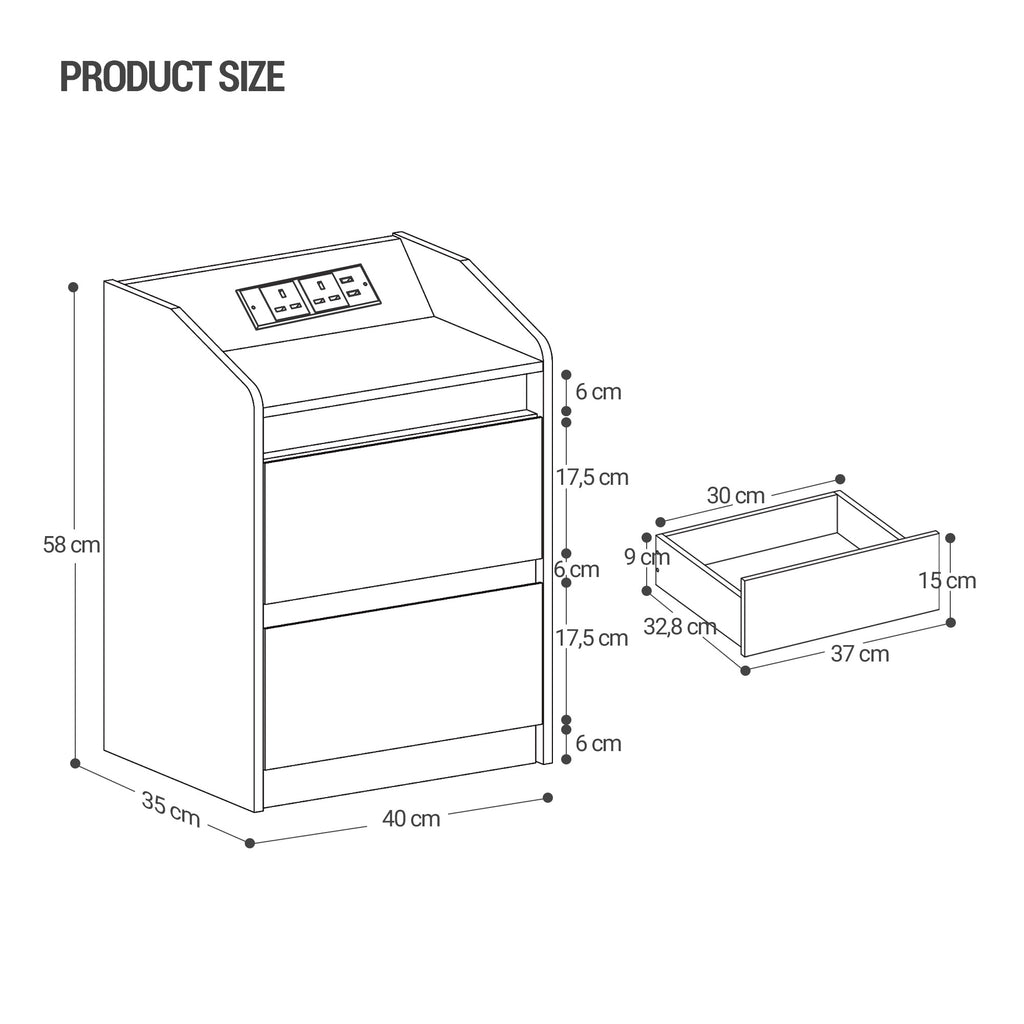 Hzuaneri Nightstands Set of 2 with LED Lights, Charging Station and 2 Drawers, Side Table with USB Ports and Power Outlets, Ideal for Living Room and Bedroom, Oak Color, NS30116X