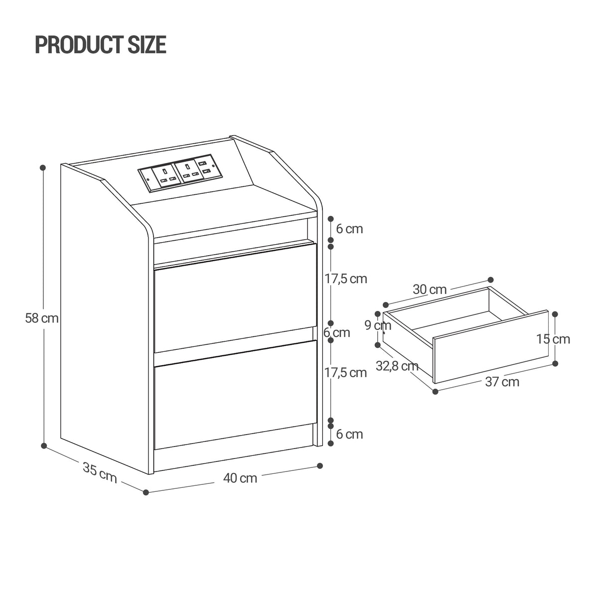 Hzuaneri Nightstands Set of 2 with LED Lights, Charging Station and 2 Drawers, Side Table with USB Ports and Power Outlets, Ideal for Living Room and Bedroom, Oak Color, NS30116X