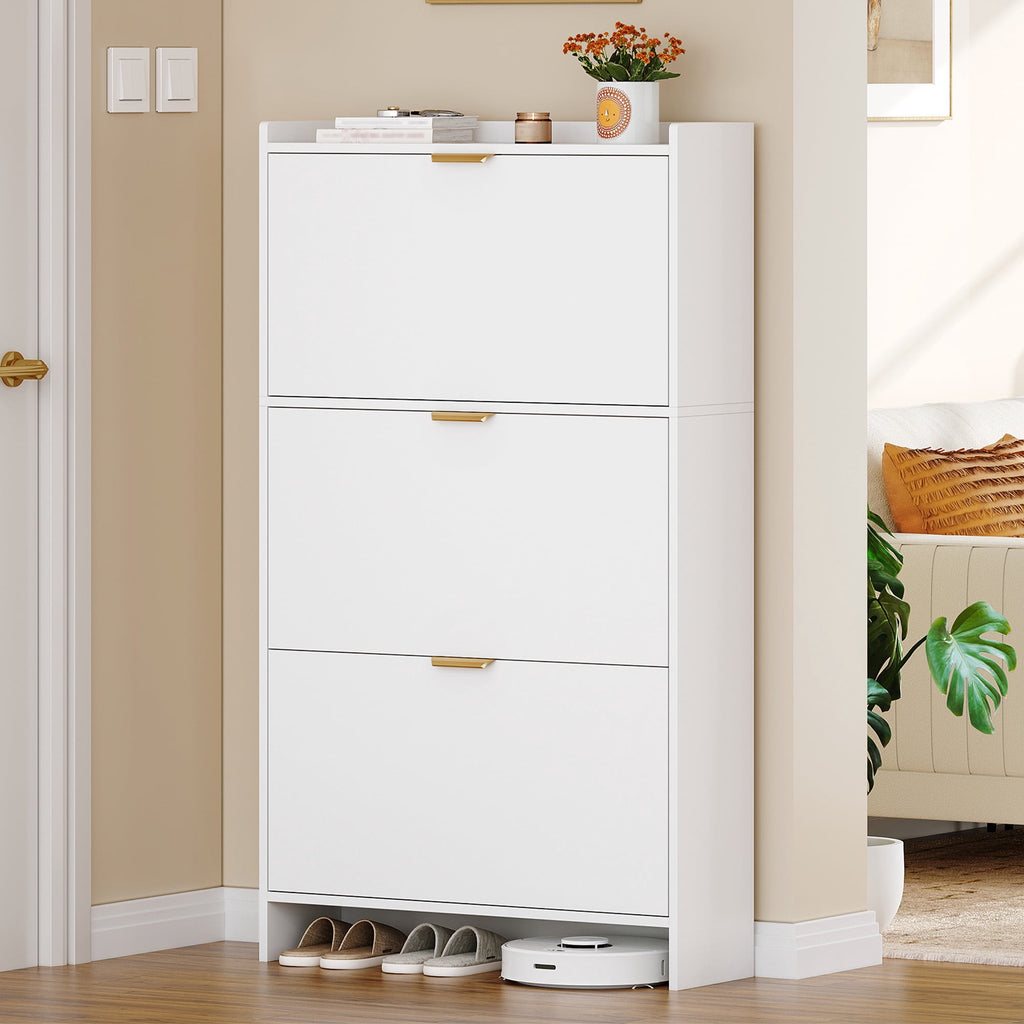 Hzuaneri 54.3" Tall Narrow Hidden Shoe Organizer, Freestanding Cabinet Featuring 3 Flip‑Top Drawers, Adjustable Shelves and Gold Handles, Stores 18‑24 Pairs, for Entryway, White
