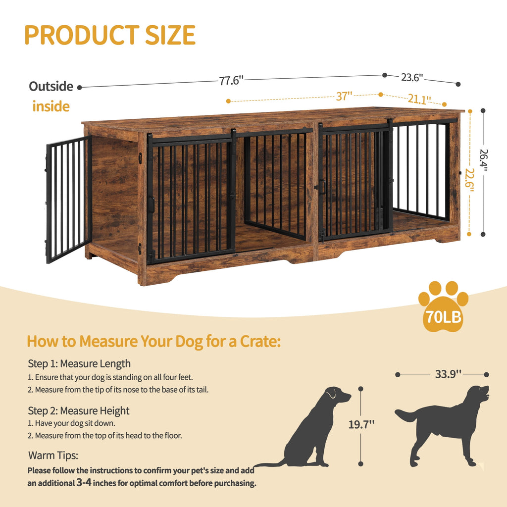 Hzuaneri 78" Large Double Dog Crate Furniture, Indoor Dog Kennel Furniture for 2 Dogs with Divider, Dual Sliding Barn Doors, Heavy Duty Dog Cage Furniture as TV Stand, Rustic Brown