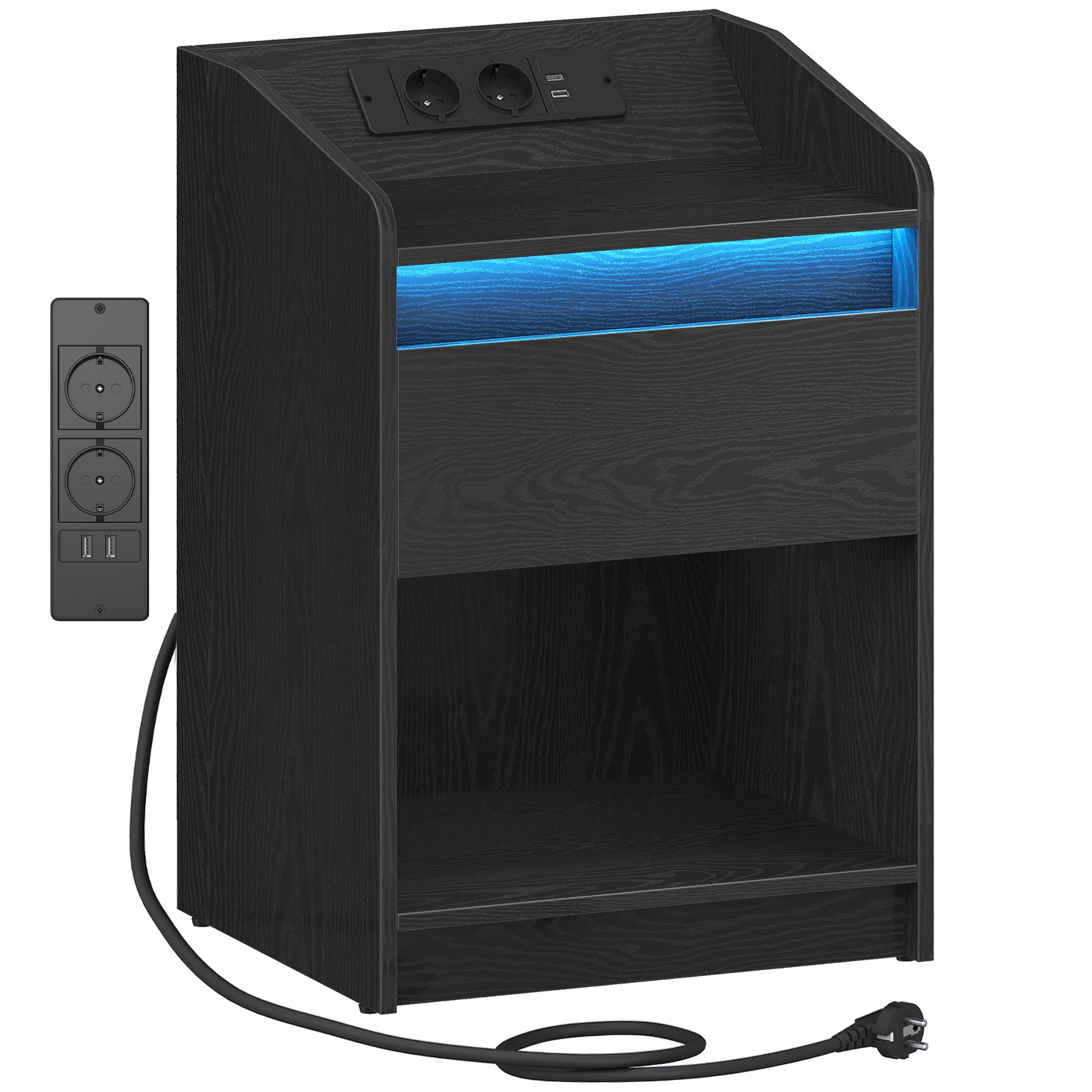 Hzuaneri Bedside Table with LED Light & Charging Station, 2 USB Ports & Outlets, Storage Drawer