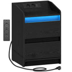 HEXCELEN Bedside Table with LED Lights & Charging Station, 2 Drawers, USB Ports and Power Outlets, Black
