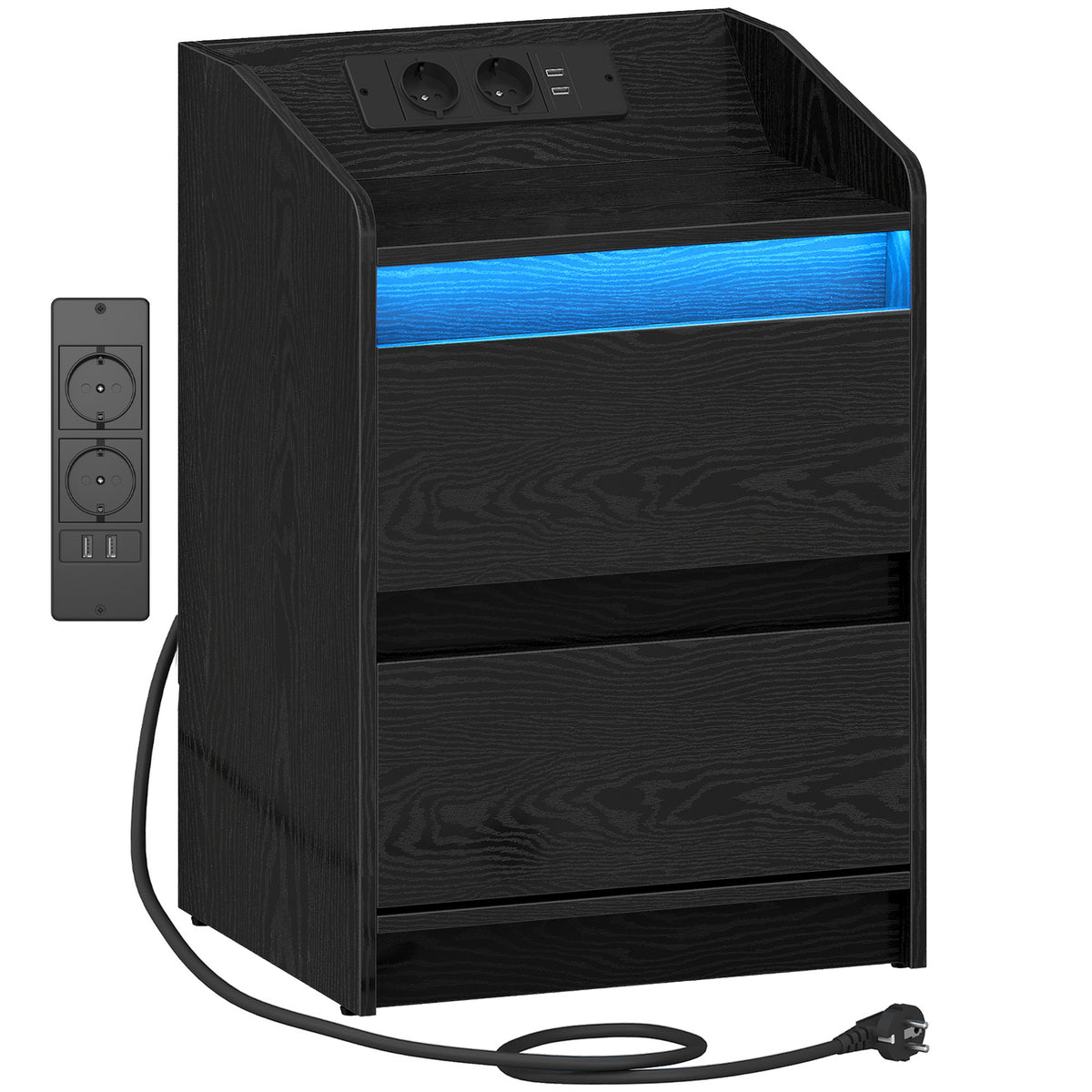 HEXCELEN Bedside Table with LED Lights & Charging Station, 2 Drawers, USB Ports and Power Outlets, Black