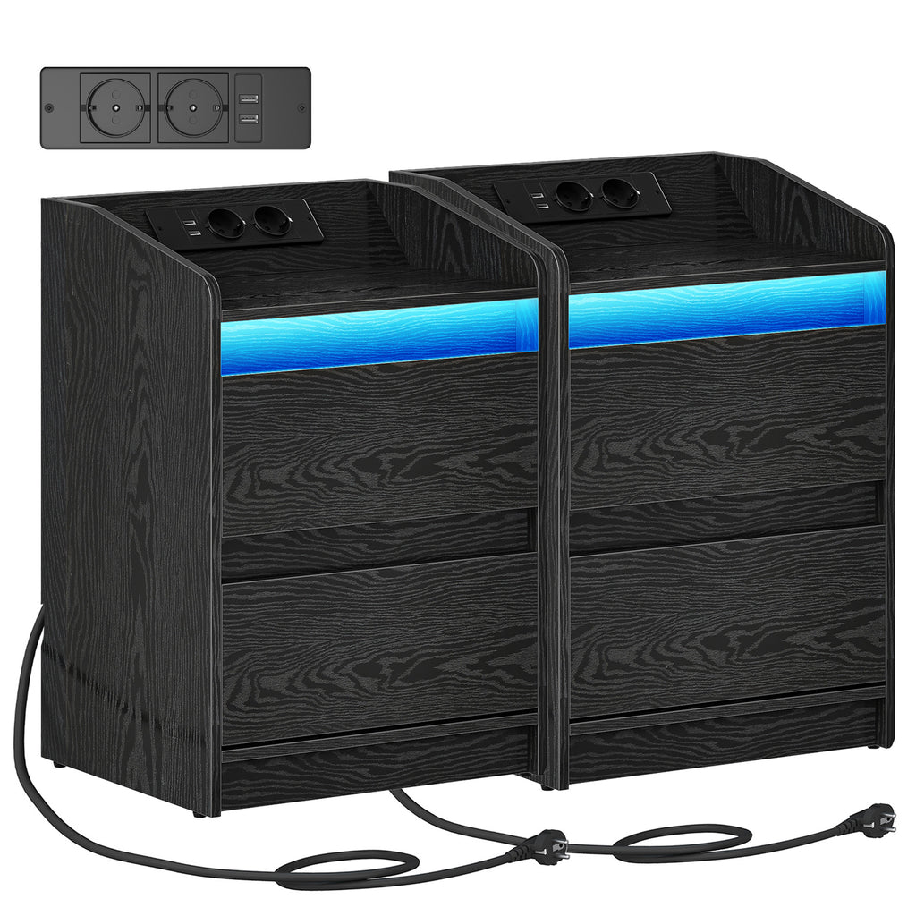 HEXCELEN Nightstand Set of 2 with LED Lights & Charging Station, 2 Drawers, USB Ports & Outlets, Black