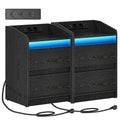 HEXCELEN Nightstand Set of 2 with LED Lights & Charging Station, 2 Drawers, USB Ports & Outlets, Black