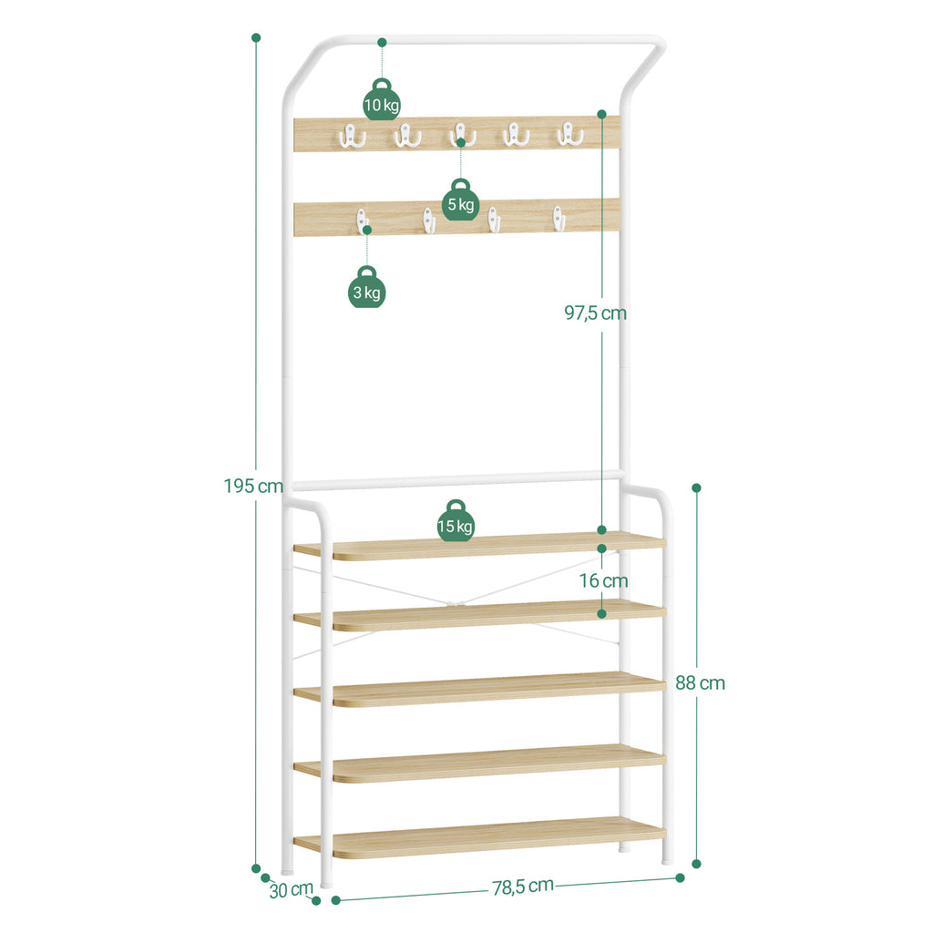 Hzuaneri Coat Rack, Wardrobe with 5 Shelves, 1 Clothes Rail, 9 Hooks, Adjustable, Freestanding Clothes Rack for Hallway, Entrance, 30 x 78.5 x 195 cm, Oak-White, HT19016W