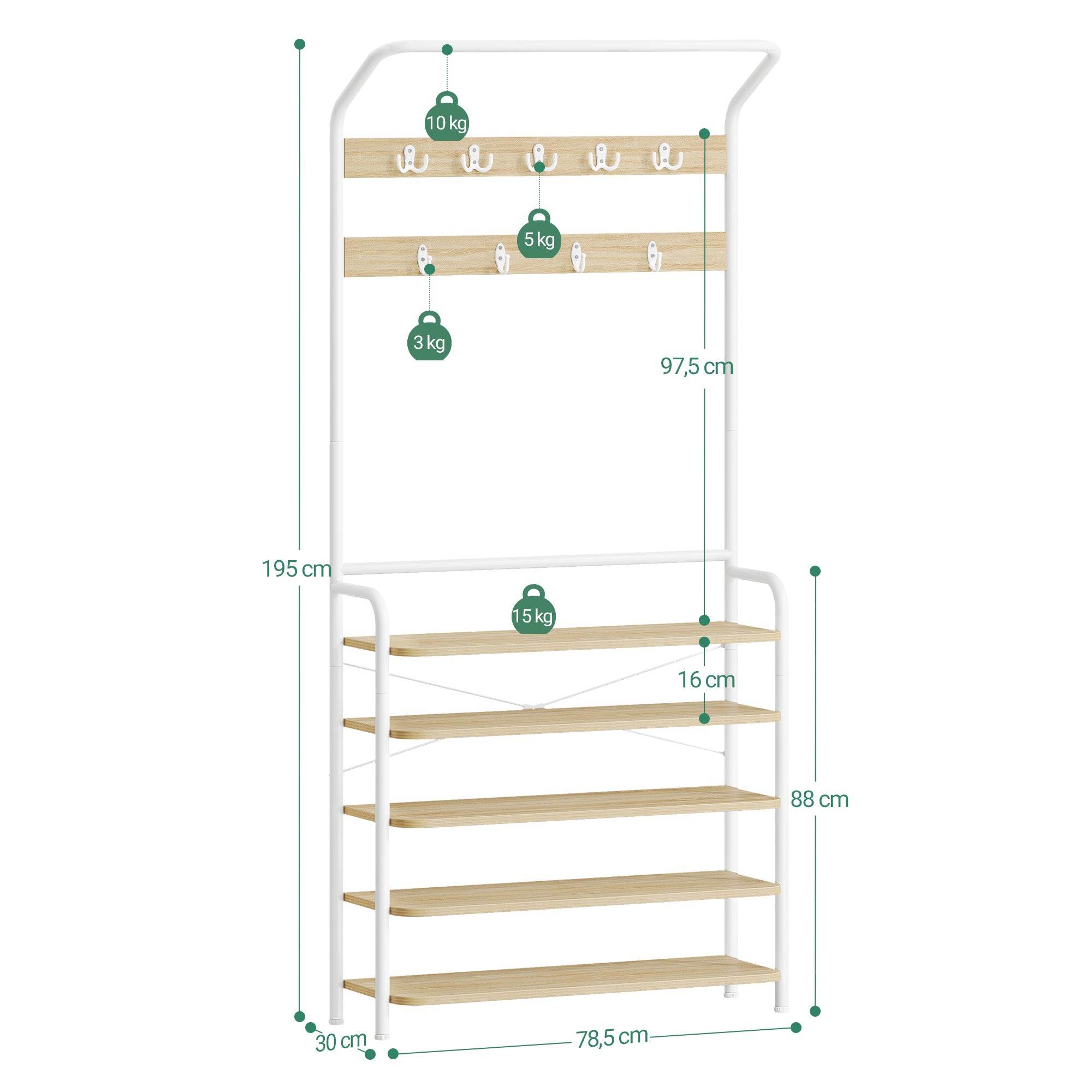 Hzuaneri Coat Rack, Wardrobe with 5 Shelves, 1 Clothes Rail, 9 Hooks, Adjustable, Freestanding Clothes Rack for Hallway, Entrance, 30 x 78.5 x 195 cm, Oak-White, HT19016W