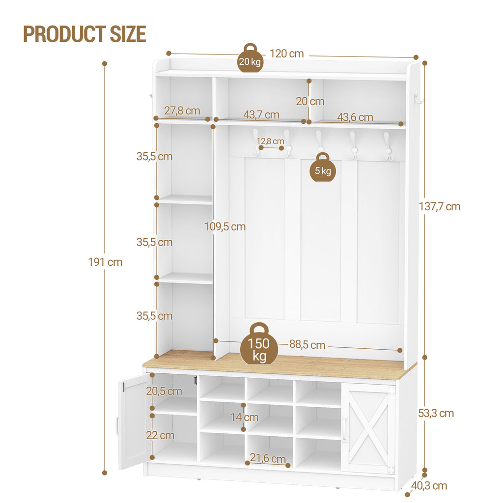 Hzuaneri Coat Rack with Bench, Wardrobe with LED Lighting, Clothes Rack, Adjustable Shelves, 15 Open Compartments, 7 Hooks, for Entrance Area, 40.3 x 120 x 191 cm, White-Yellow HT24603X