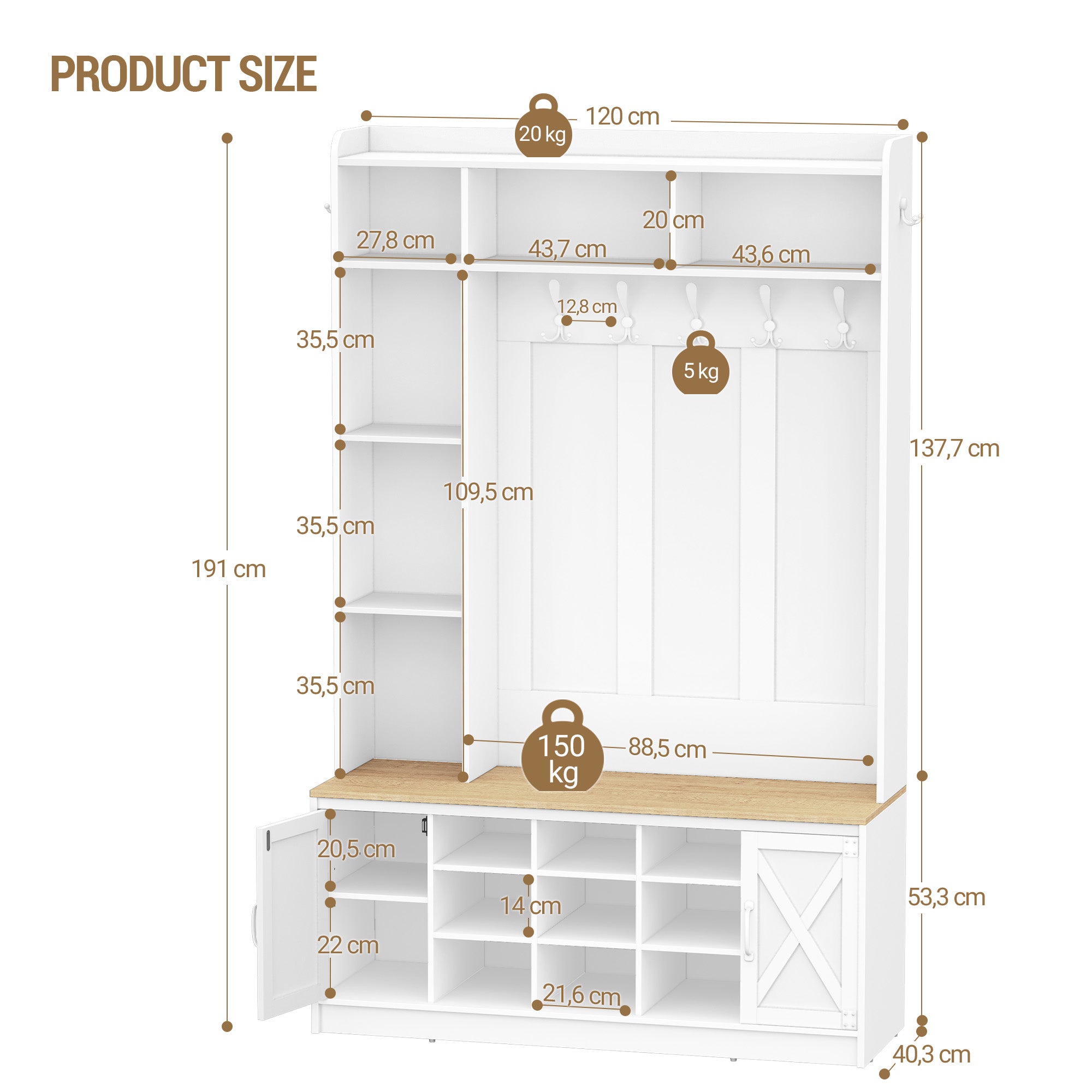 Hzuaneri Coat Rack with Bench, Wardrobe with LED Lighting, Clothes Rack, Adjustable Shelves, 15 Open Compartments, 7 Hooks, for Entrance Area, 40.3 x 120 x 191 cm, White-Yellow HT24603X