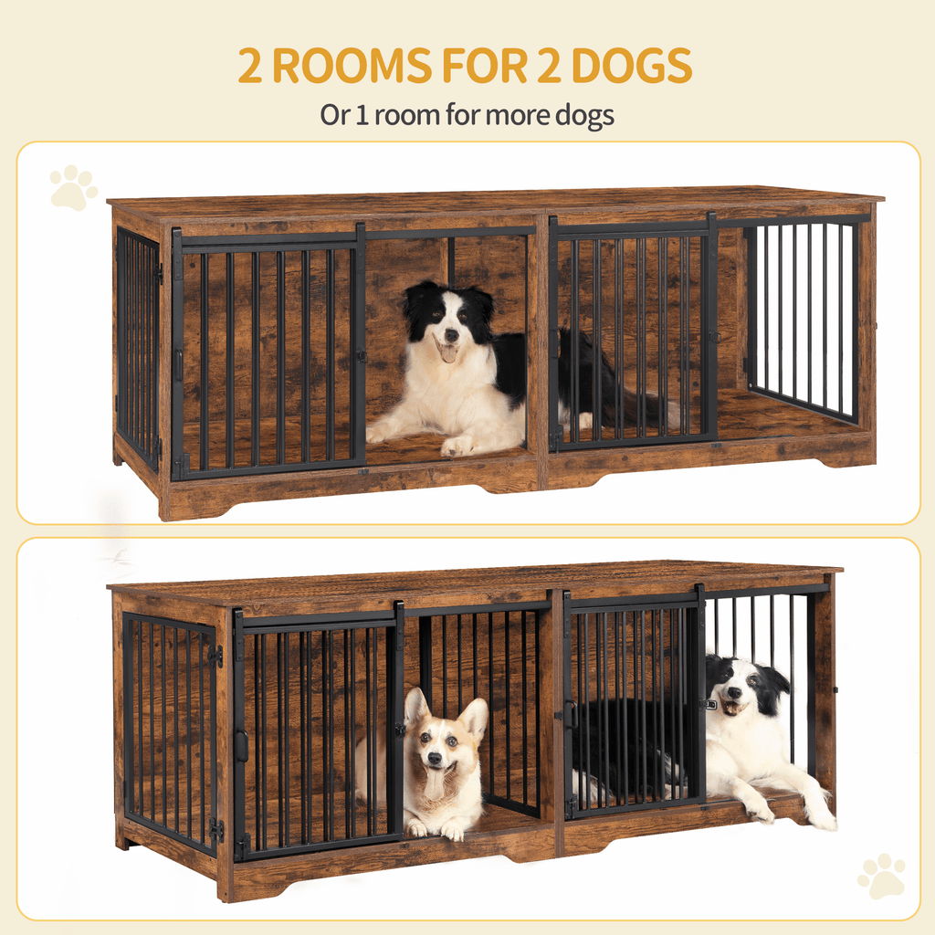 Hzuaneri 78" Large Double Dog Crate Furniture, Indoor Dog Kennel Furniture for 2 Dogs with Divider, Dual Sliding Barn Doors, Heavy Duty Dog Cage Furniture as TV Stand, Rustic Brown