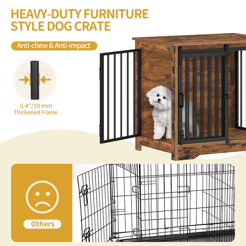 Hzuaneri 27.2" Dog Crate Furniture with Barn Door, Heavy Duty Wooden Kennel for Small Dogs up to 22 lb, Rustic Brown