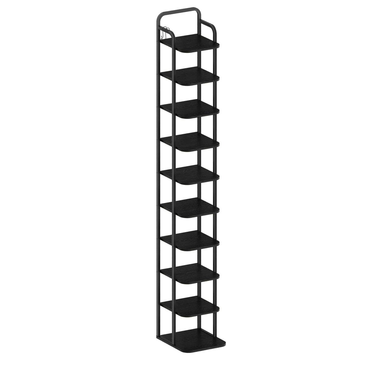 Hzuaneri 10-Tier Vertical Shoe Rack, Tall Shoe Organizer with 2 Hooks, Wooden Shoe Tower for Entryway, Hallway, Closet Space Saving, Free Standing, Black
