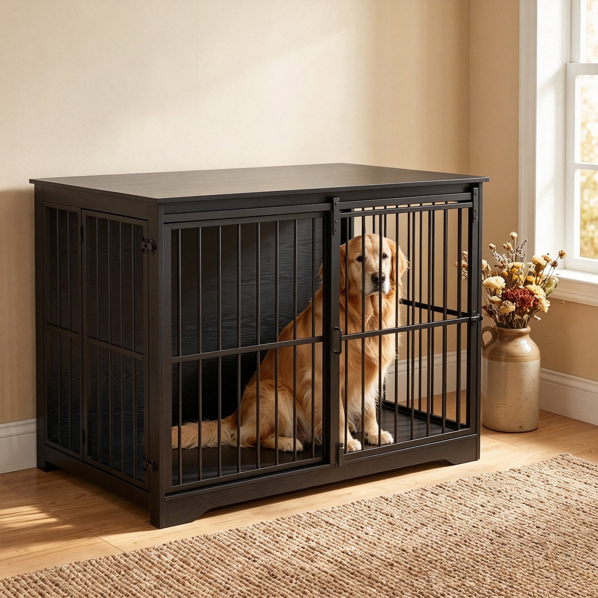 46.9" XXL Wooden Dog Crate,Barn Door Anti-Chew, Indoor End Table Style,Black