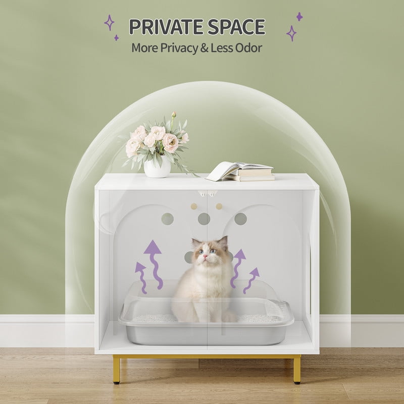 Hzuaneri Hidden Cat Litter Box Enclosure, 31.5" Wooden Indoor Cat House, Litter Box Furniture Cabinet for Self-Cleaning Litter Boxes, White Gold
