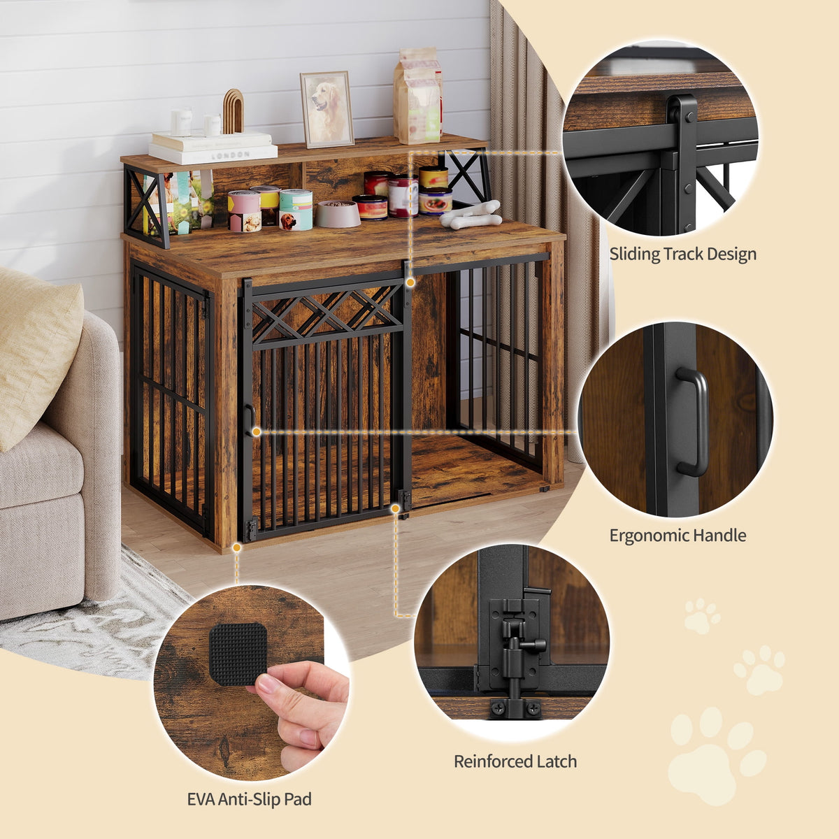 39.4" Large wooden dog crate, Indoor Dog Kennel with Barn Door for Medium/Large Dogs, 3 Doors dog Crate Furniture with Storage, Rustic Brown