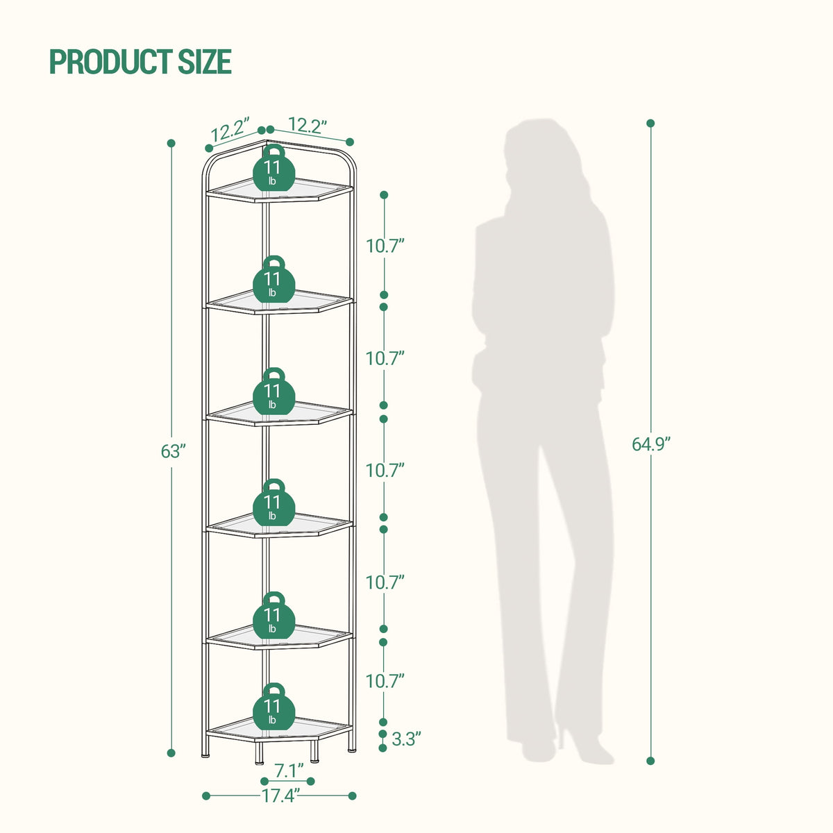 Corner Shelf Stand 6-Tier with Tempered Glass Shelves, Modern Glass Bookshelf Bookcase for Living Room Bathroom Kitchen, Gold