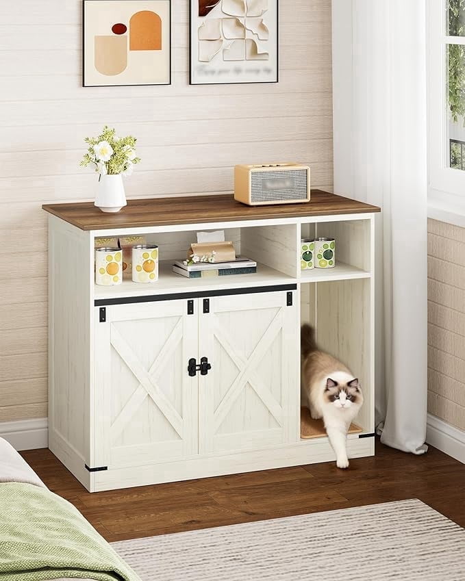 Cat Litter Box Enclosure, Wooden Hidden Cabinet with Storage and Scratch Pad, Farmhouse Style, Rustic Brown and White