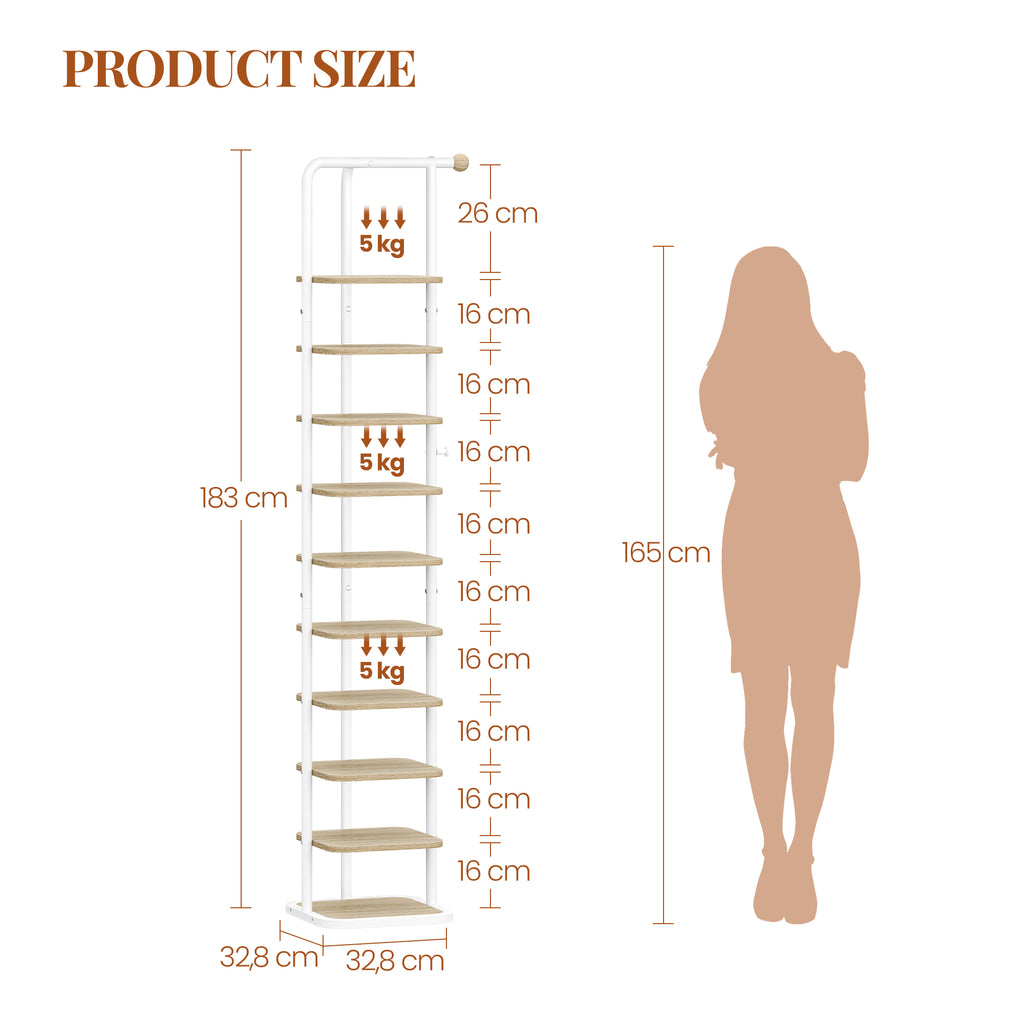 HEXCELEN Shoe Rack, 10-Tier Shoe Rack, Narrow Vertical Shoe Rack, Adjustable Shelf, for Entryway, Living Room