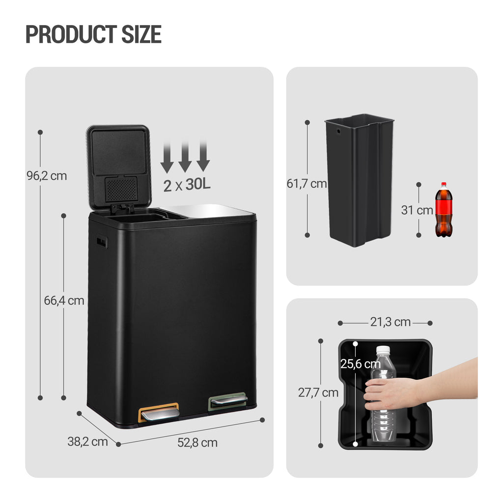 Hzuaneri Kitchen Rubbish Bin, Waste Separation System, 2 Compartments, 60 L (2 x 30 L), Stainless Steel Kitchen Rubbish Bin, Pedal Bin with Colour-Coded Pedals, Rubbish Bin, Quiet Slow Descent, Black SW23099B