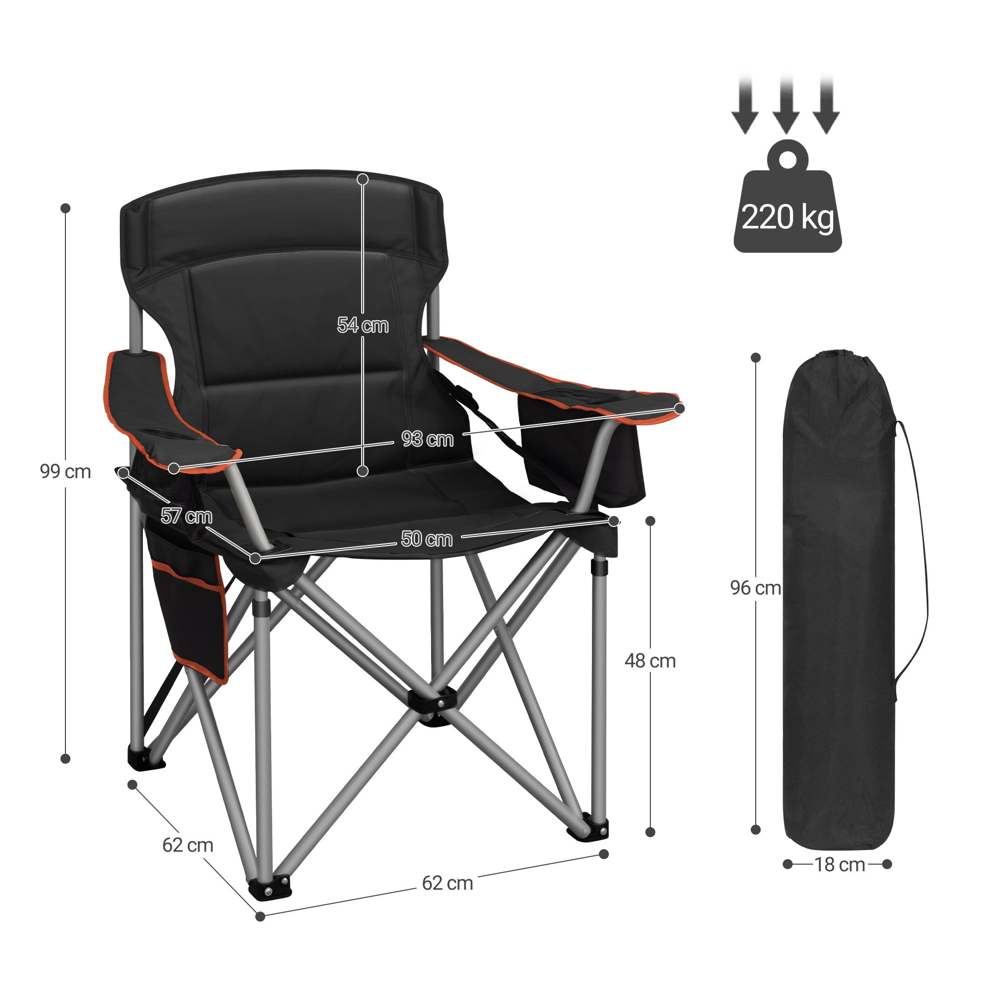 Hzuaneri  Camping Chair, 220 kg Foldable Camping Chair with Cool Bag, Drink Holder, Carry Bag, High-Backed Chair, Comfortable Padded, Fishing Chair, Folding Chair, Garden, Balcony, Beach CC00299EO
