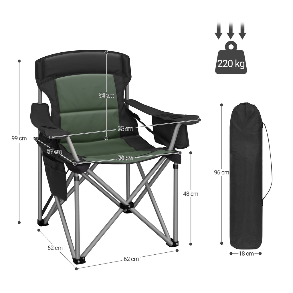 Hzuaneri Folding Camping Chair for Adults Oversized 220KG, Heavy Duty Padded Camping Chair with Adjustable Lumbar Support, Cooler Bag, Cup Holder for Garden Balcony Fishing Black and Green CC00299EAG