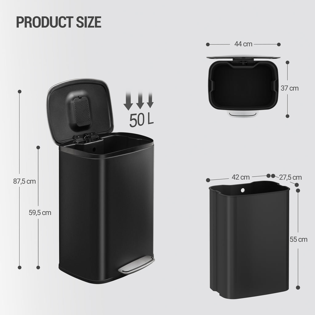 Hzuaneri 50L Trash Can, Kitchen Waste Bin with Pedal, Stainless Steel, Separate Inner Barrel, 15 Bags, Black SW15099B