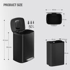 Hzuaneri 50L Trash Can, Kitchen Waste Bin with Pedal, Stainless Steel, Separate Inner Barrel, 15 Bags, Black SW15099B