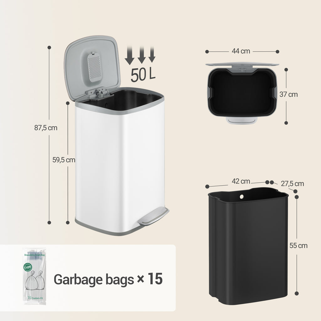 Hzuaneri Kitchen Bin 50 L, Pedal Bin with Soft-Close Lid, Stainless Steel Rubbish Bin with Handle, Removable Inner Buckets, 15 Inner Buckets, White SW15099W
