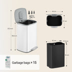 Hzuaneri Kitchen Bin 50 L, Pedal Bin with Soft-Close Lid, Stainless Steel Rubbish Bin with Handle, Removable Inner Buckets, 15 Inner Buckets, White SW15099W
