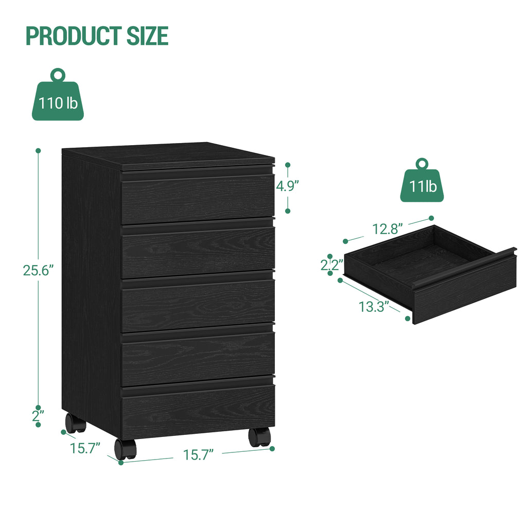 Hzuaneri Rolling Container, Mobile Filing Cabinet, Drawer Cabinet with 5 Drawers, Storage Cabinet for Office and Home Office, Black, 40 x 40 x 70 cm, FC55504X