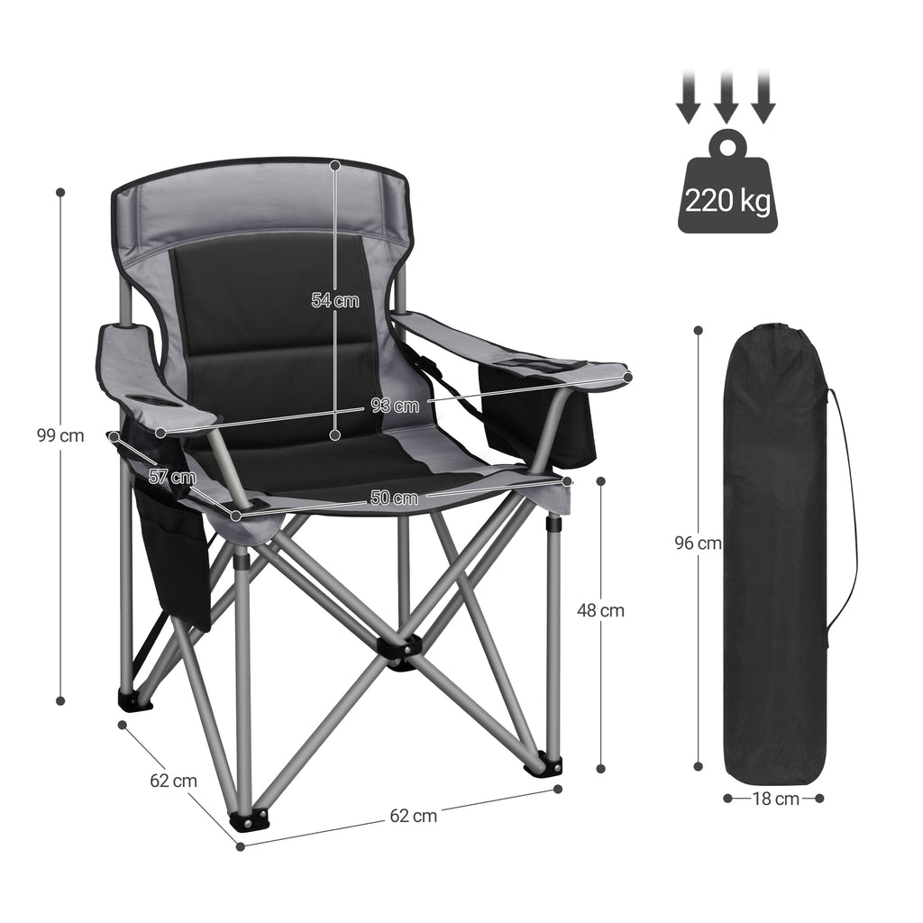 Hzuaneri Folding Camping Chair for Adults Oversized 220KG, Heavy Duty Padded Camping Chair with Adjustable Lumbar Support, Cooler Bag, Cup Holder for Garden Balcony Fishing Black and Grey CC00299EGR