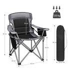 Hzuaneri Folding Camping Chair for Adults Oversized 220KG, Heavy Duty Padded Camping Chair with Adjustable Lumbar Support, Cooler Bag, Cup Holder for Garden Balcony Fishing Black and Grey CC00299EGR