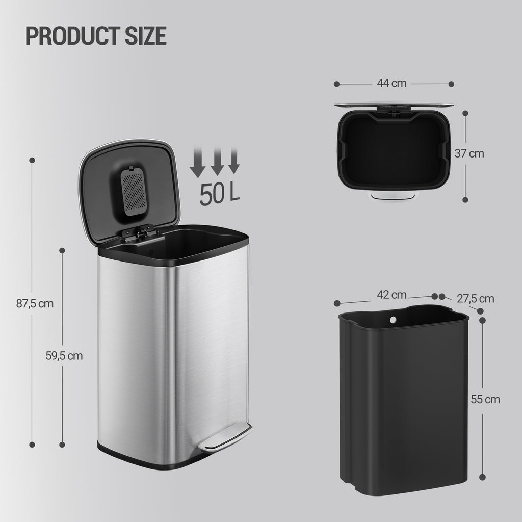 Hzuaneri 50L Kitchen Bin, Steel Pedal Bin with Soft-Close Lid, Inner Bucket, with 15 Bin Bags, Soft Close and Stay Open, Silver SW15099E