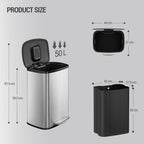 Hzuaneri 50L Kitchen Bin, Steel Pedal Bin with Soft-Close Lid, Inner Bucket, with 15 Bin Bags, Soft Close and Stay Open, Silver SW15099E