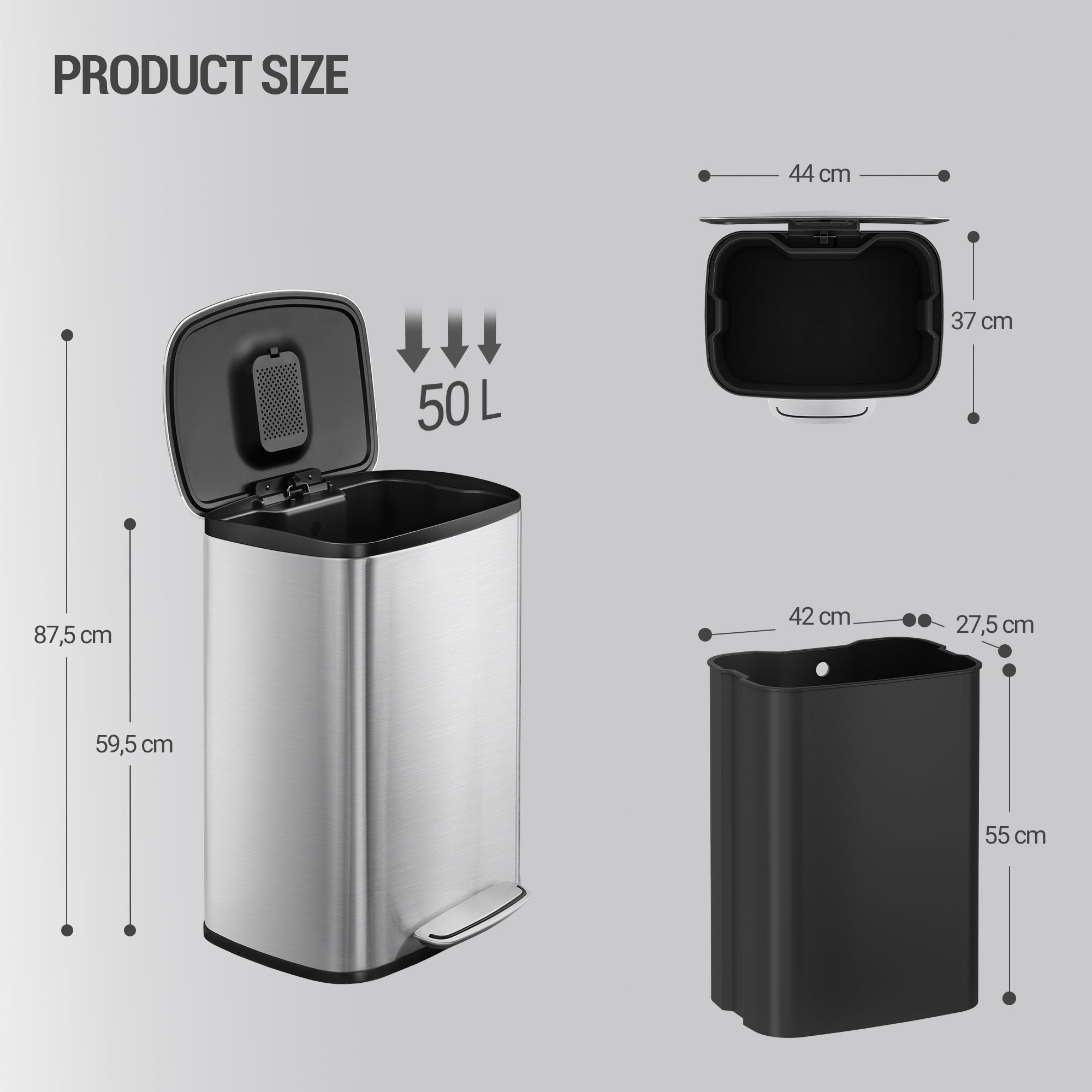 Hzuaneri 50L Kitchen Bin, Steel Pedal Bin with Soft-Close Lid, Inner Bucket, with 15 Bin Bags, Soft Close and Stay Open, Silver SW15099E