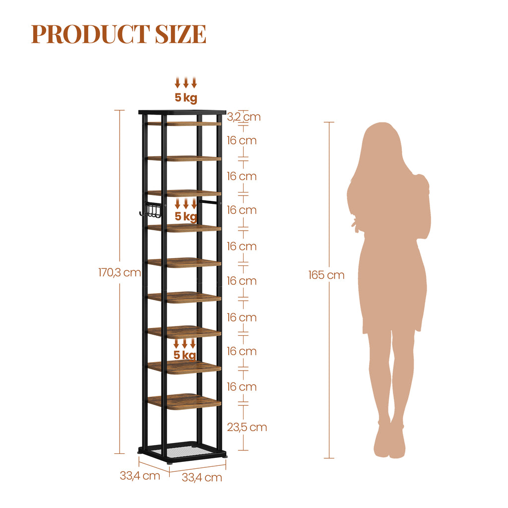 HEXCELEN Vertical Shoe Rack, 10 Tiers Narrow Shoe Rack with Hooks, Adjustable, Space-Saving, Shoe Tower for Living Room, Entryway and Hallway, Brown and Black, 33.4 × 33.4 × 170.6 cm