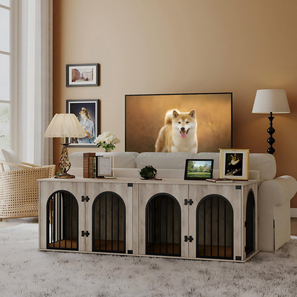 Hzuaneri 71" Dog Crate Furniture for 2 Dogs, Heavy Duty Wooden Kennel for Medium Large Dogs with Divider