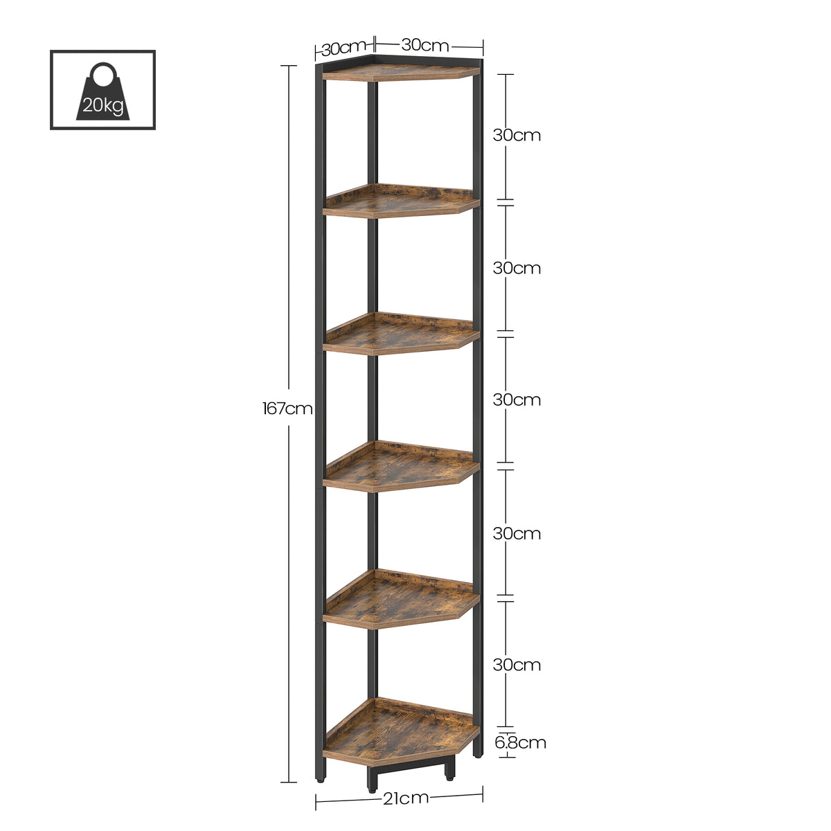 HEXCELEN Corner Shelf, 6-Tier Bookshelf, Freestanding Shelf, Storage Shelf, Corner Bookshelf, Brown-Black