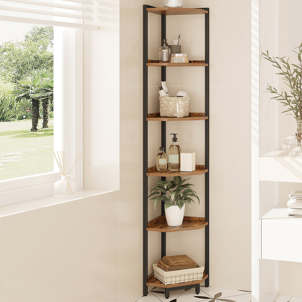 HEXCELEN Corner Shelf, 6-Tier Bookshelf, Freestanding Shelf, Storage Shelf, Corner Bookshelf, Brown-Black