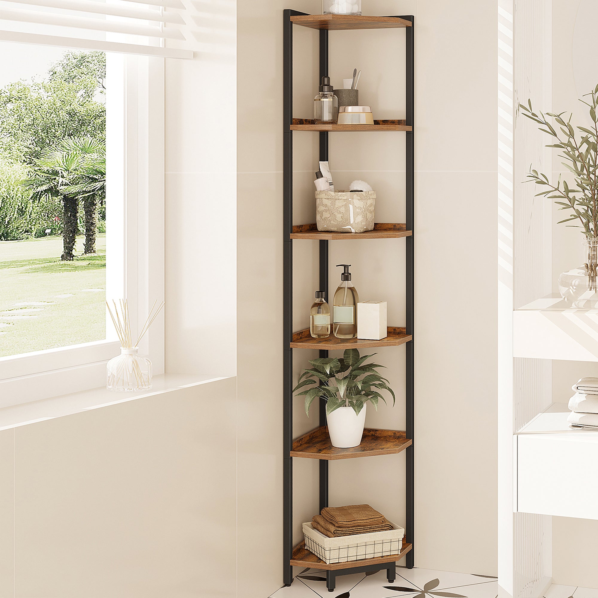 HEXCELEN Corner Shelf, 6-Tier Bookshelf, Freestanding Shelf, Storage Shelf, Corner Bookshelf, Brown-Black