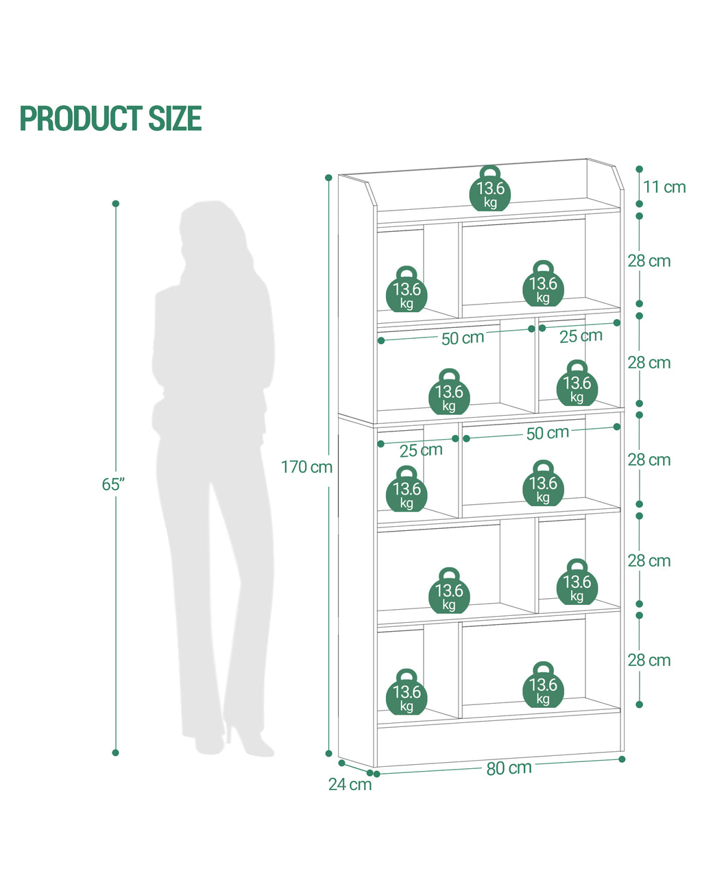 Hzuaneri Bookshelf, Bookcase, with 6 Shelves, Storage Shelf, Freestanding Shelf, for Living Room, Office, Bedroom, 24 x 80 x 170 cm, White BC22803X