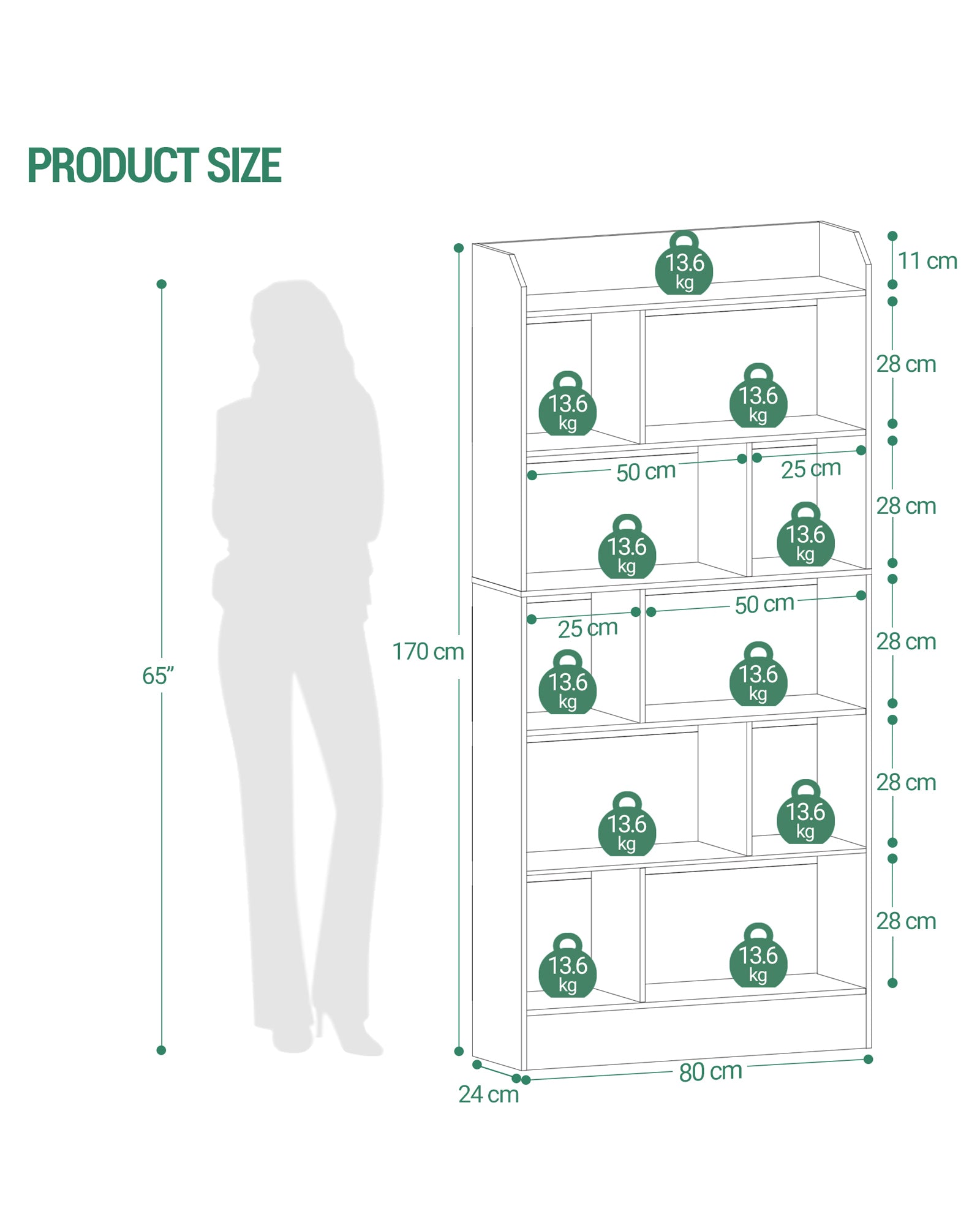 Hzuaneri Bookshelf, Bookcase, with 6 Shelves, Storage Shelf, Freestanding Shelf, for Living Room, Office, Bedroom, 24 x 80 x 170 cm, White BC22803X