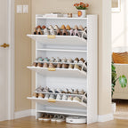 Hzuaneri 54.3" Tall Narrow Hidden Shoe Organizer, Freestanding Cabinet Featuring 3 Flip‑Top Drawers, Adjustable Shelves and Gold Handles, Stores 18‑24 Pairs, for Entryway, White