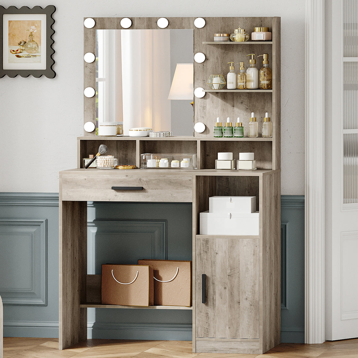 Hzuaneri Dressing Table with 10 LED Lights & Mirror, Large Storage Drawer & Cabinet, 3 Color Modes Vanity Desk
