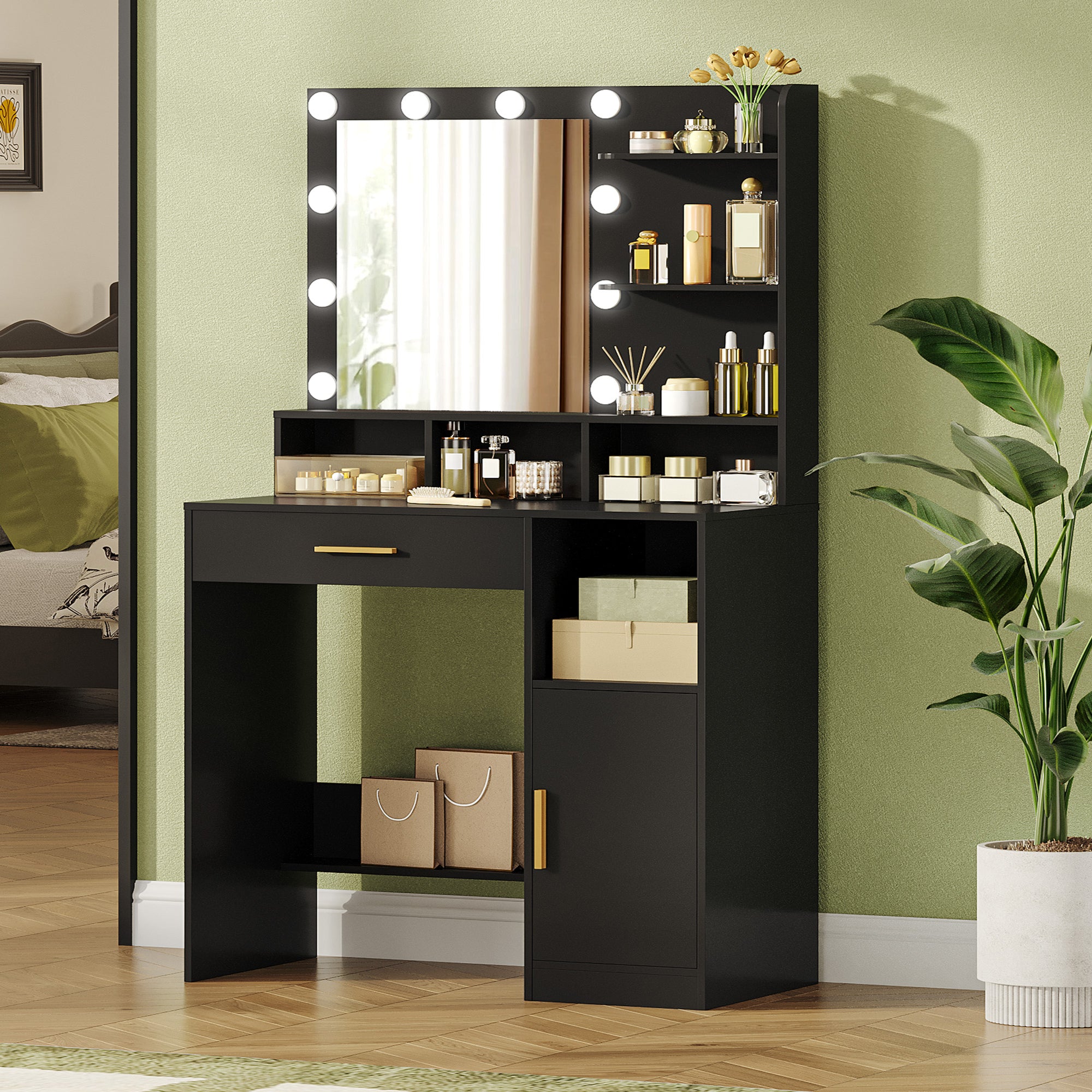 Hzuaneri Dressing Table with 10 LED Lights & Mirror, Large Storage Drawer & Cabinet, 3 Color Modes Vanity Desk